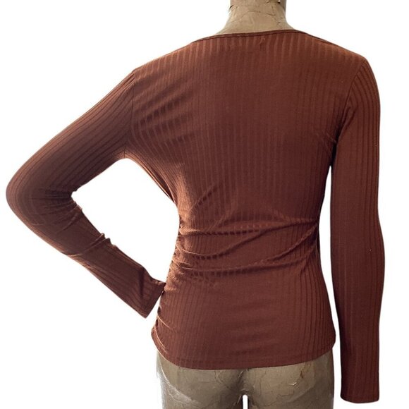 2 V-Neck Long Sleeve Ribbed Knit Tops Sz S:  F21 Tan & Nine West Rust #253N - Picture 7 of 10